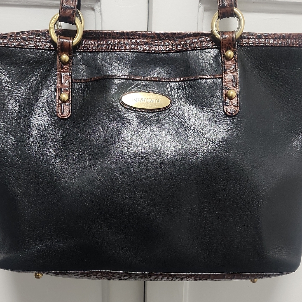 Brahmin Black Leather Tote with Brown Croc-Trim and Gold Hardware